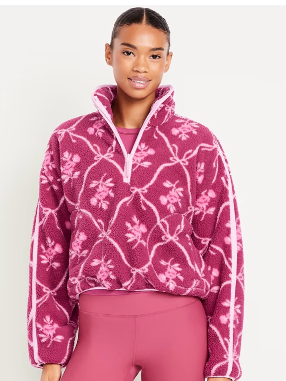 Old Navy Pink Floral Sherpa Quarter-Zip Pullover